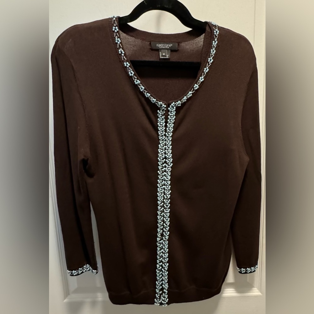 2 piece Karen Kane brown cardigan set - sweater size M, tank size M, teal beads - Picture 2 of 9
